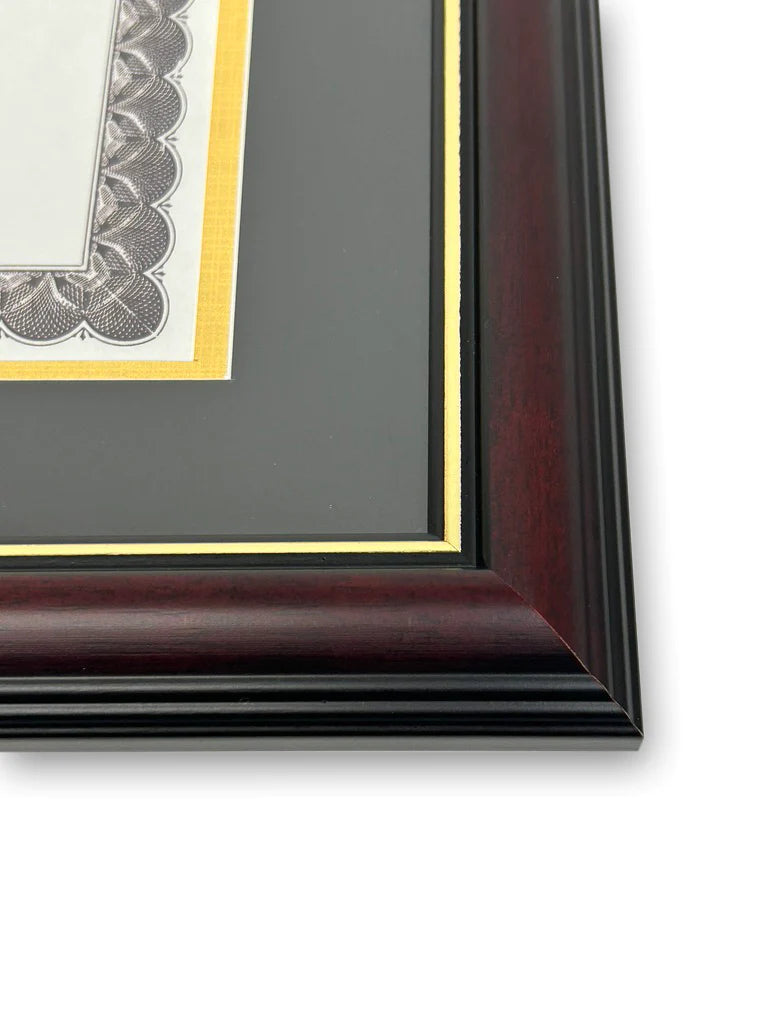 Triple Document Diploma Frame in Real Wood Cherry with Gold Trim