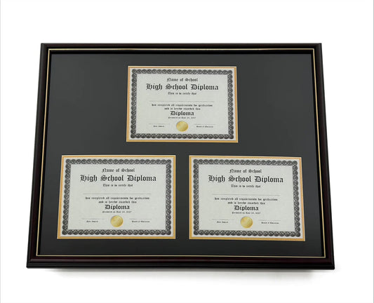 Triple Document Diploma Frame in Real Wood Cherry with Gold Trim