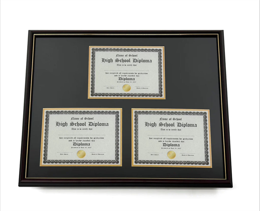 Triple Document Diploma Frame in Real Wood Cherry with Gold Trim