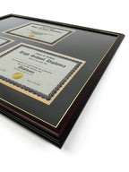 Triple Document Diploma Frame in Real Wood Cherry with Gold Trim