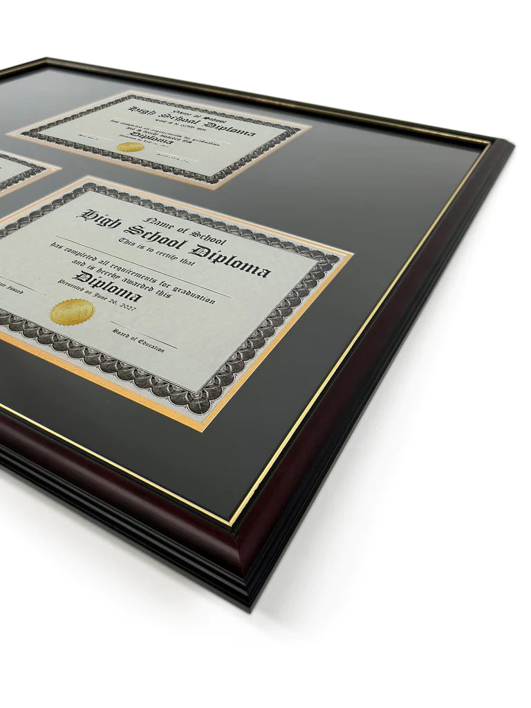 Triple Document Diploma Frame in Real Wood Cherry with Gold Trim