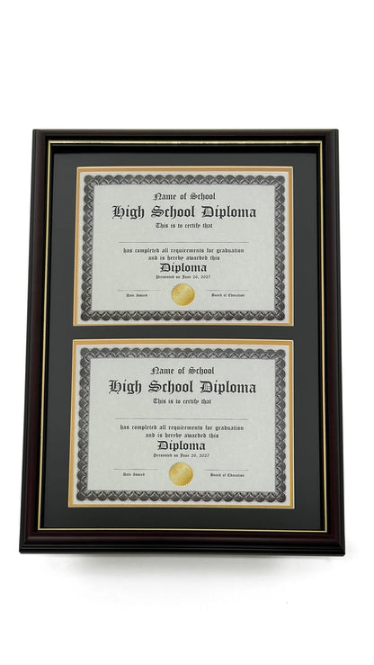 Double Document Graduation Diploma Frame in Real Wood Glossy Cherry with Gold Trim